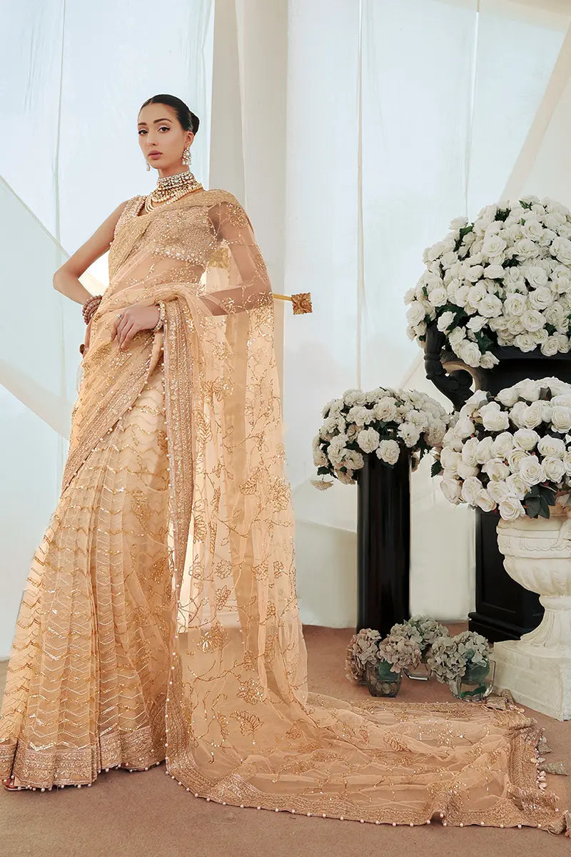 Pakistani Gold Embroidered Net Saree with Blouse (2-Piece) - Image 1