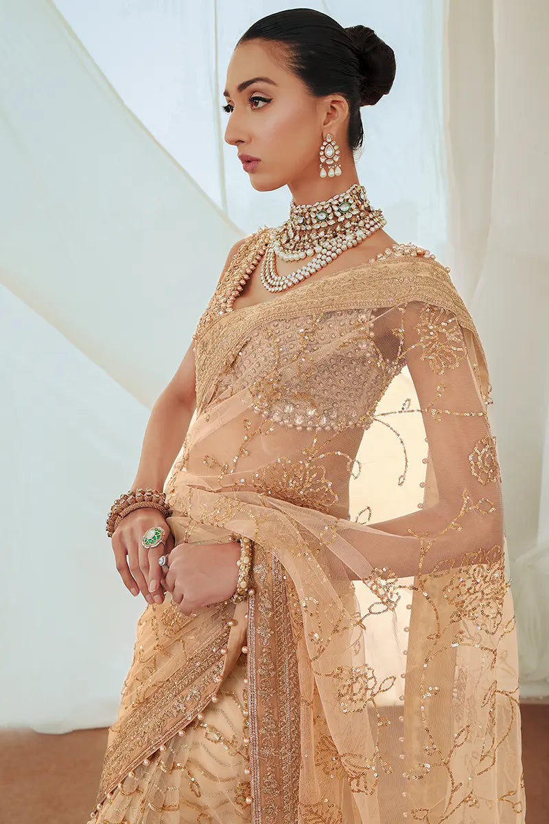 Pakistani Gold Embroidered Net Saree with Blouse (2-Piece) - Image 2