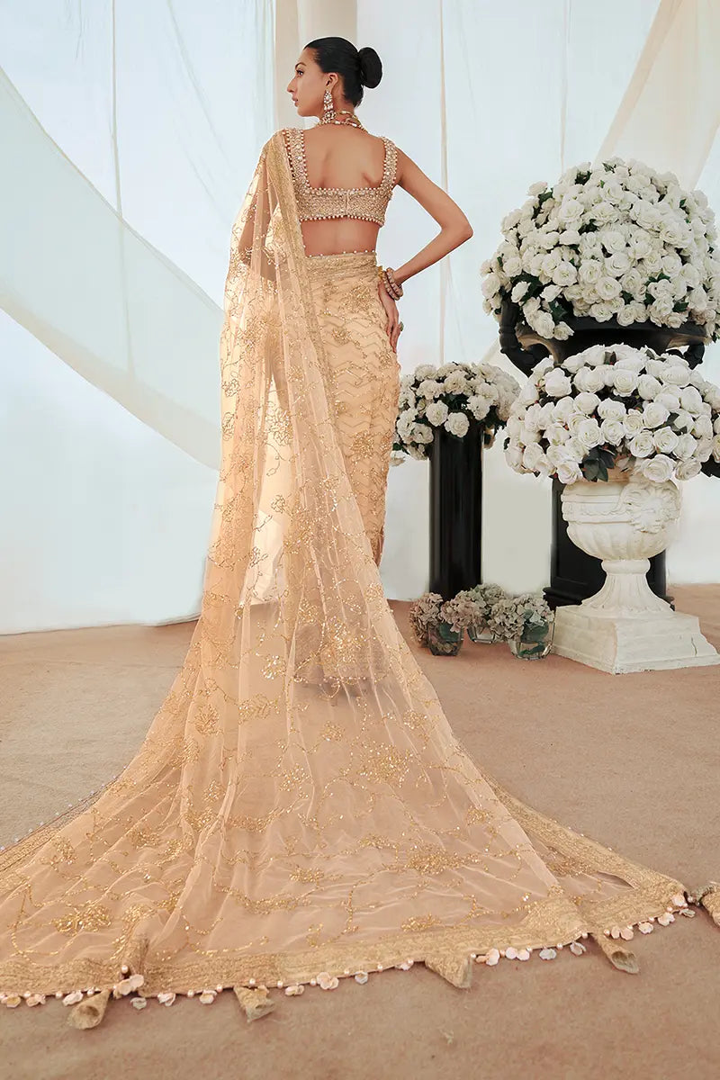 Pakistani Gold Embroidered Net Saree with Blouse (2-Piece) - Image 6