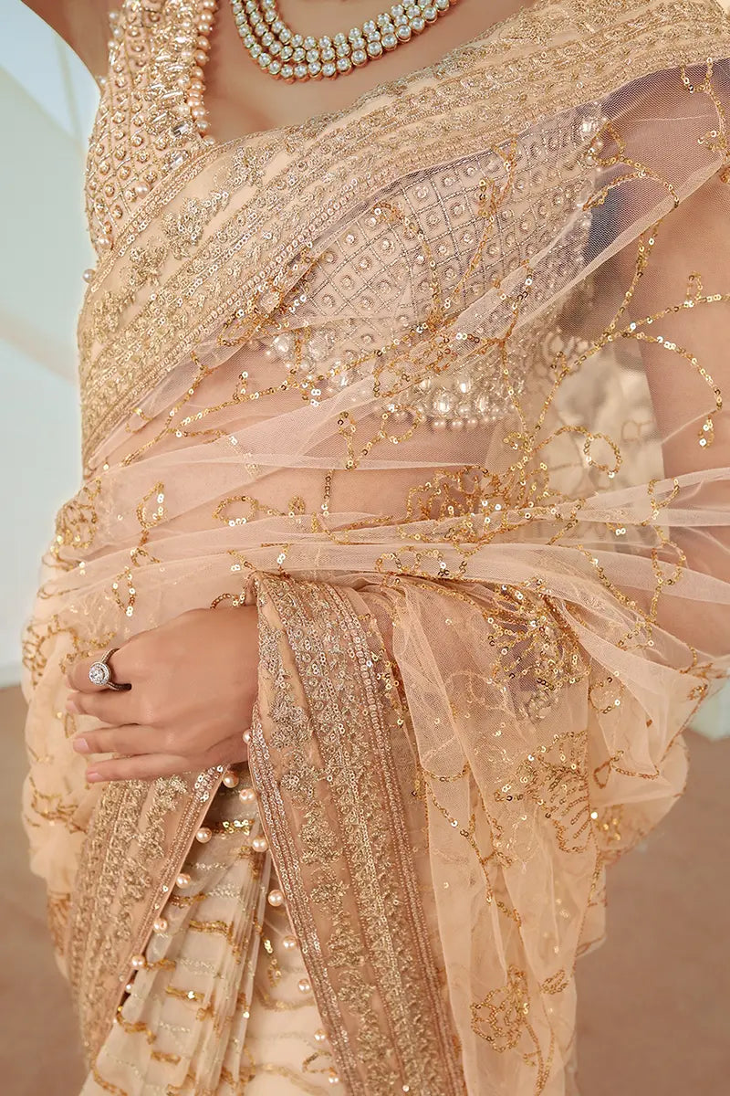 Pakistani Gold Embroidered Net Saree with Blouse (2-Piece) - Image 8