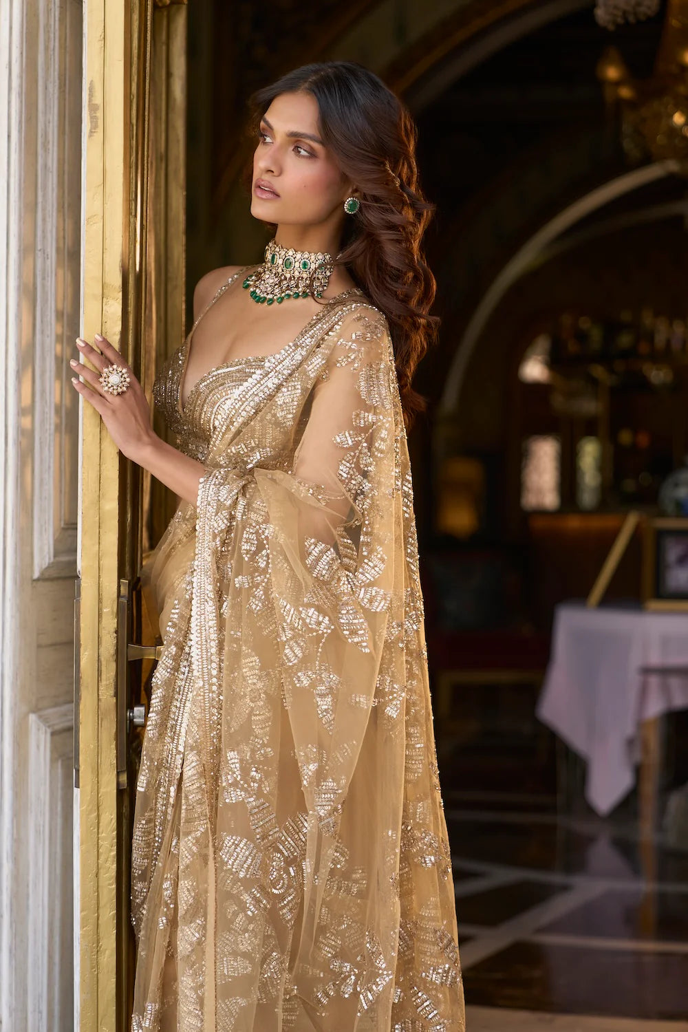 Gold Sequin Embroidered Net Saree (2-Piece) - Image 3