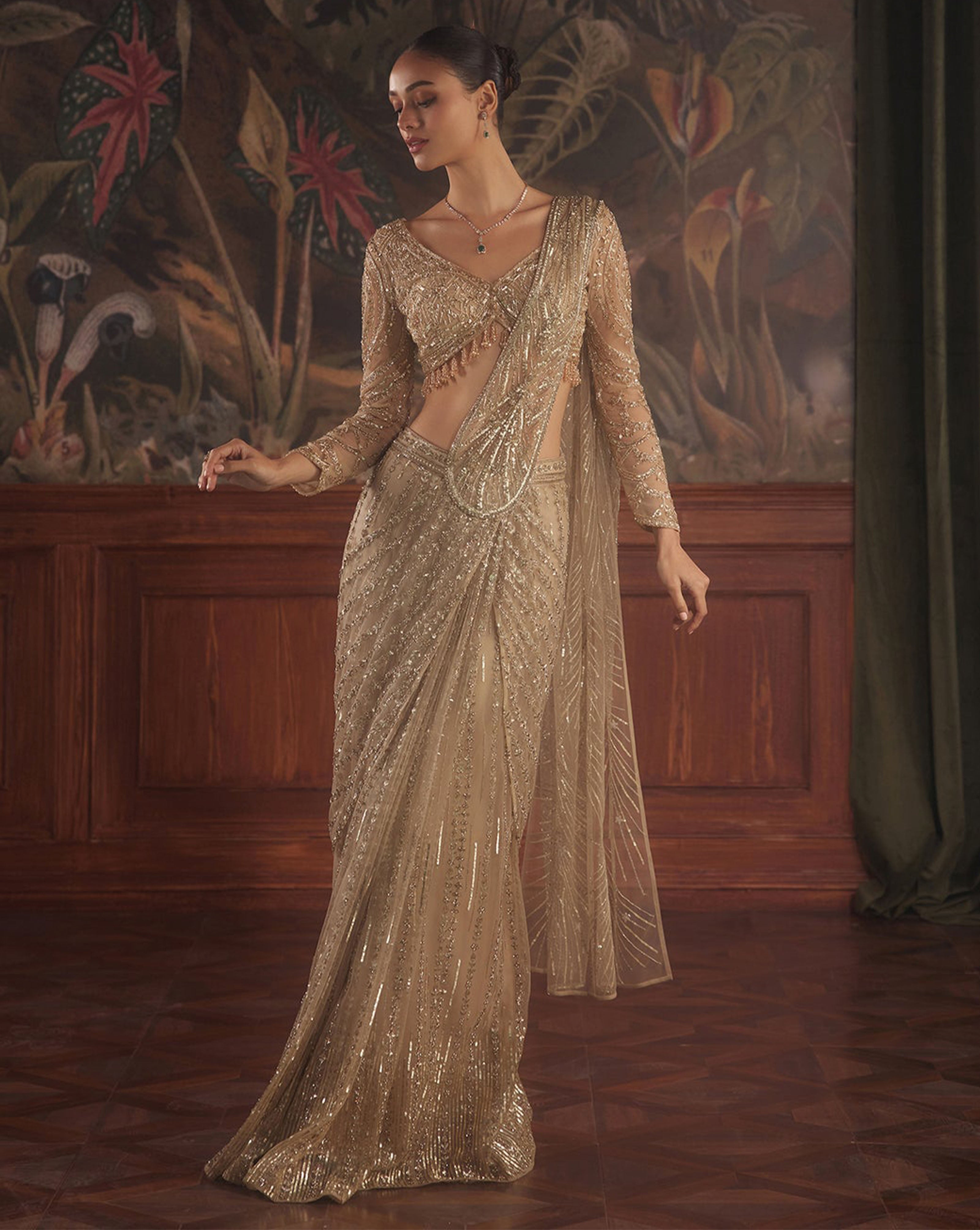 Gold Hand-Embroidered Net Saree (2-Piece) - Image 1