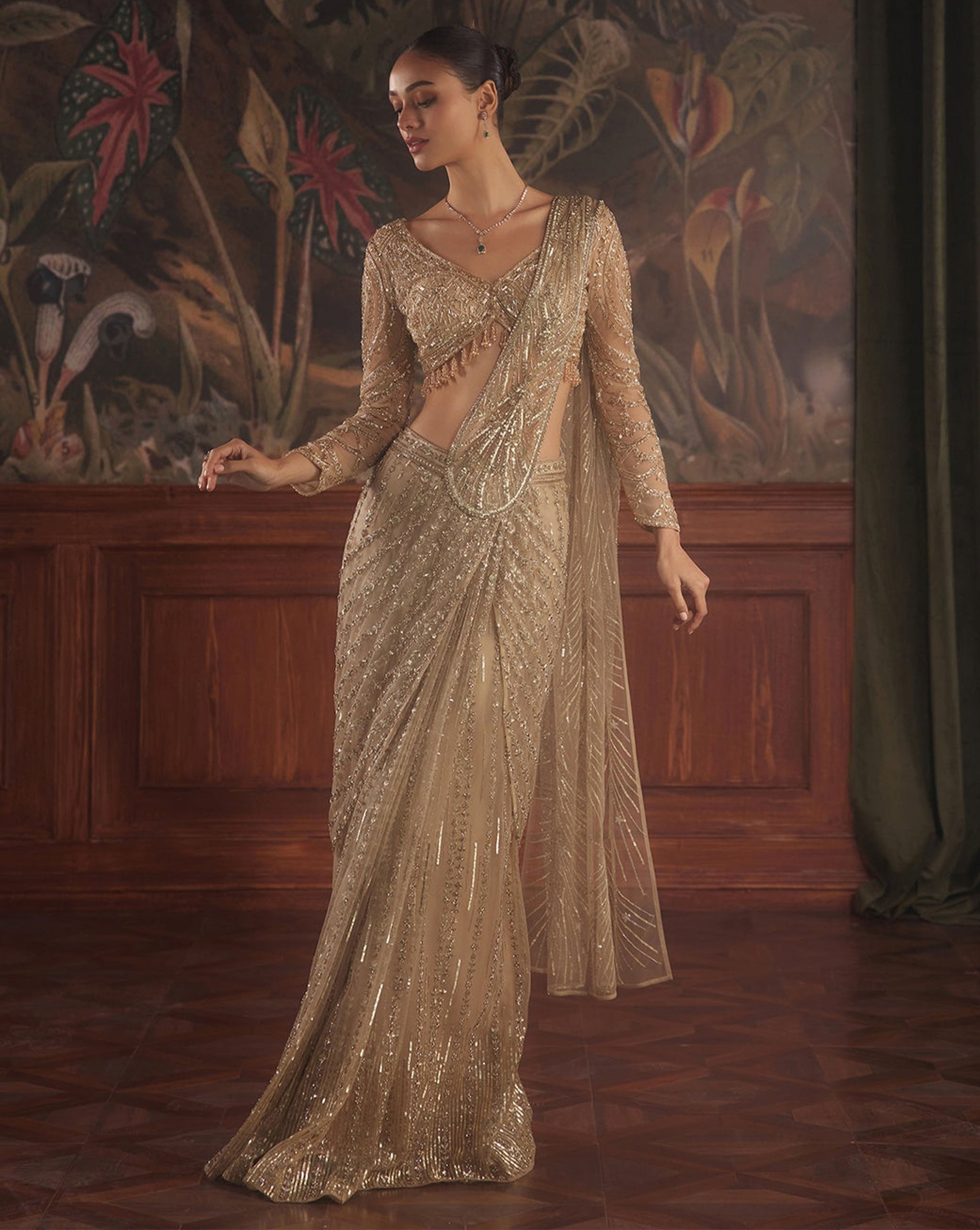 Gold Hand-Embroidered Net Saree (2-Piece) - Image 2