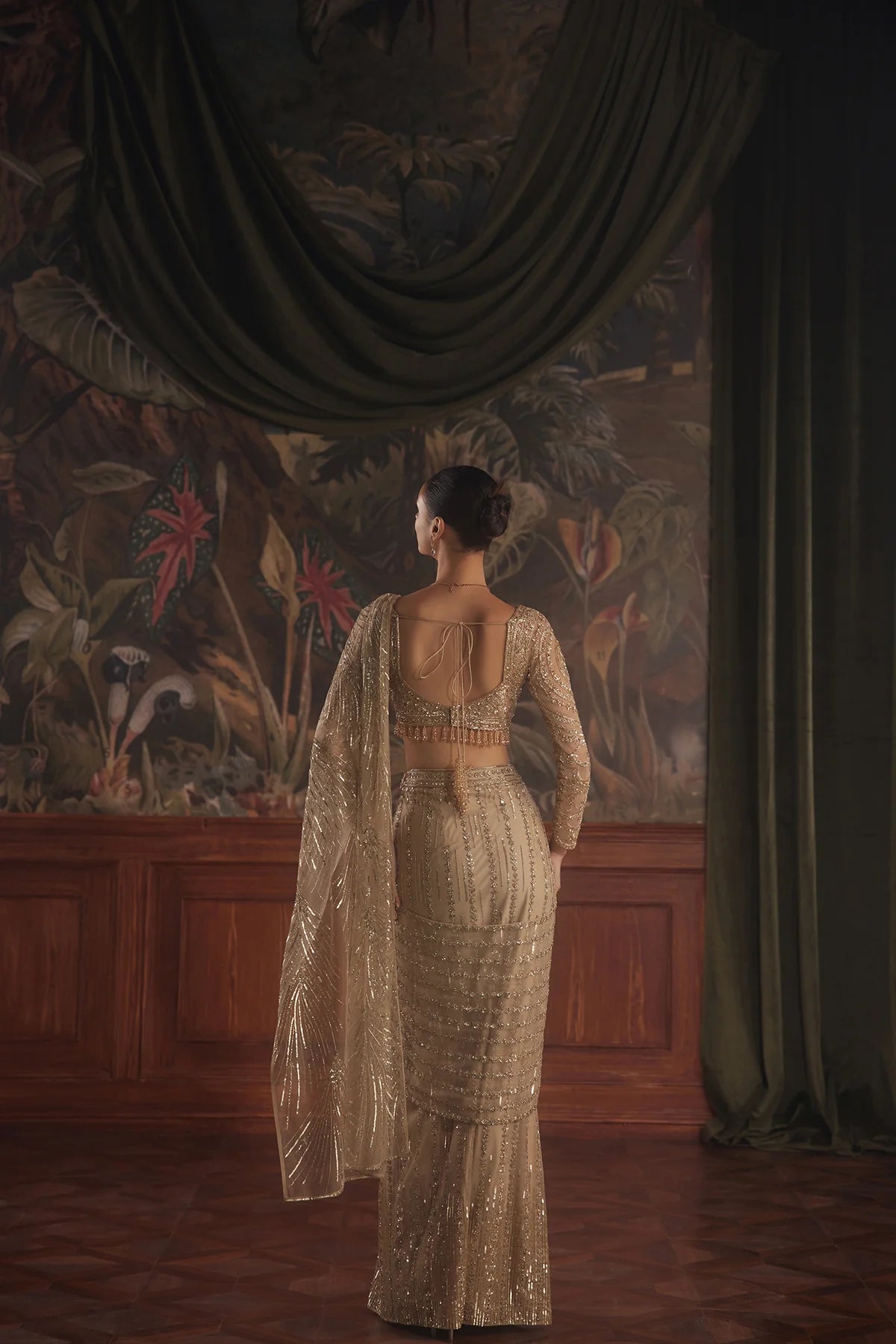 Gold Hand-Embroidered Net Saree (2-Piece) - Image 3