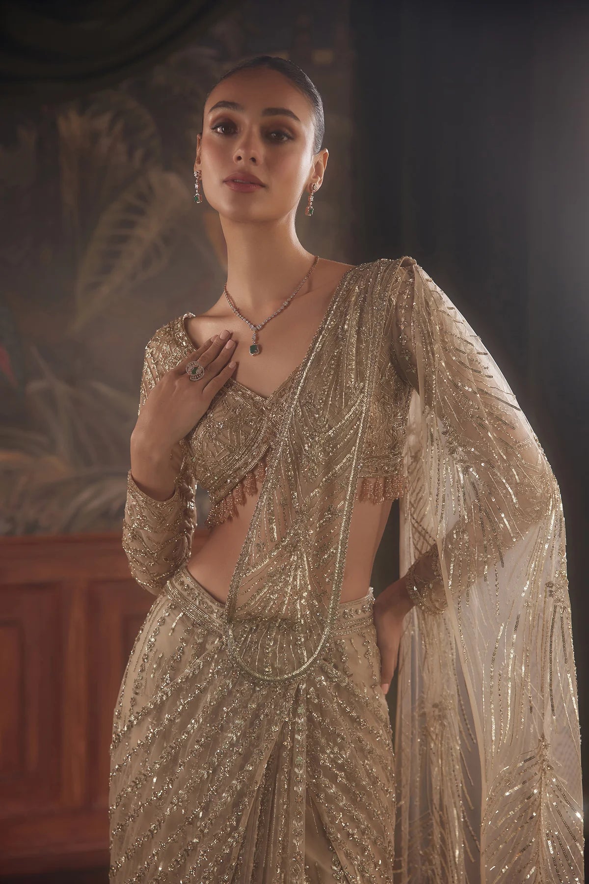 Gold Hand-Embroidered Net Saree (2-Piece) - Image 4