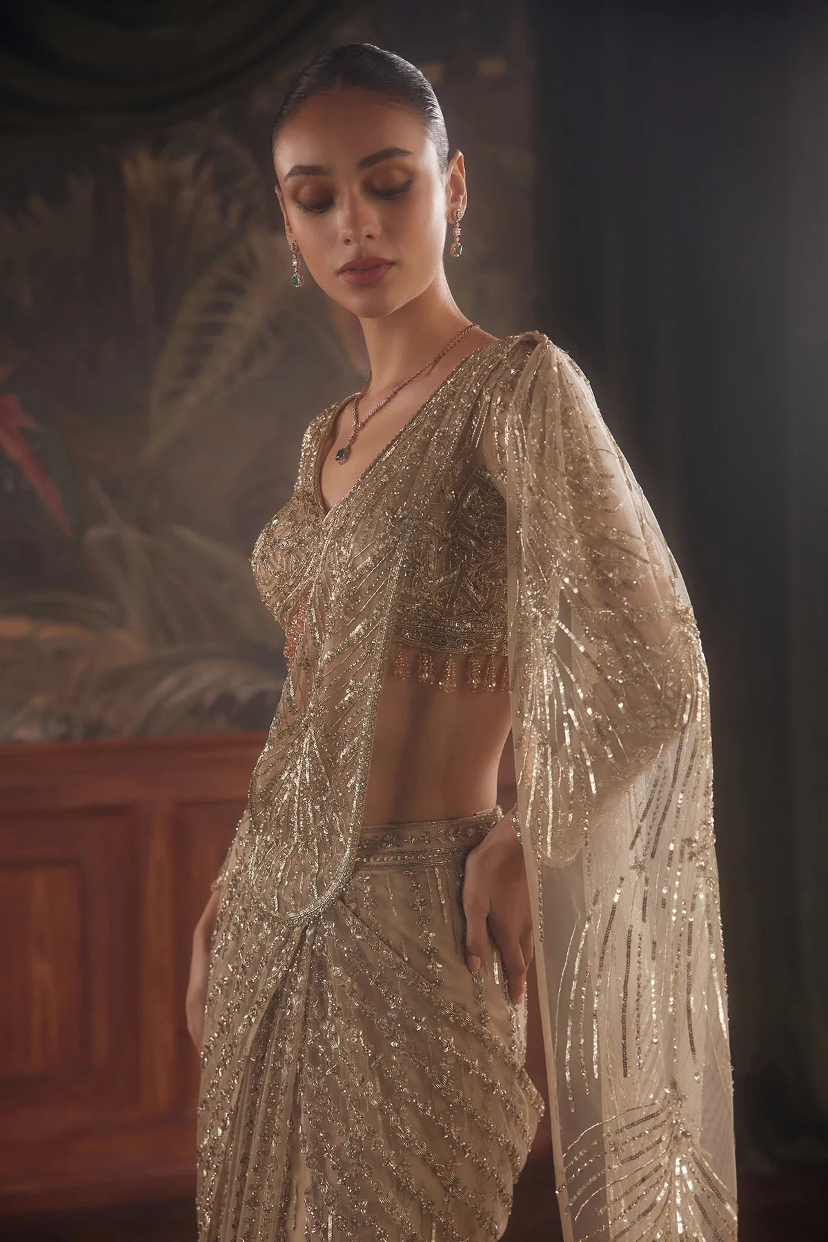 Gold Hand-Embroidered Net Saree (2-Piece) - Image 5