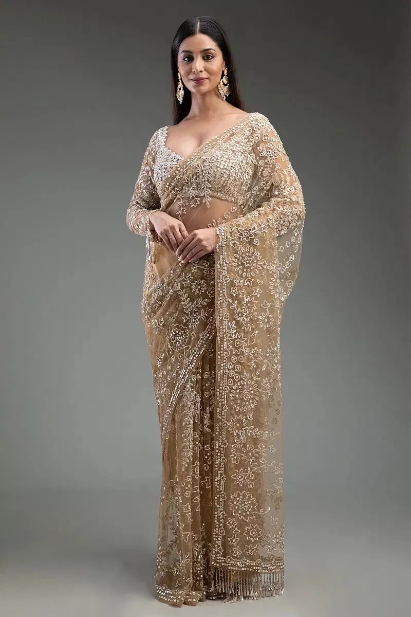 Gold Sequins Embroidered Net Saree (2-Piece) - Image 1
