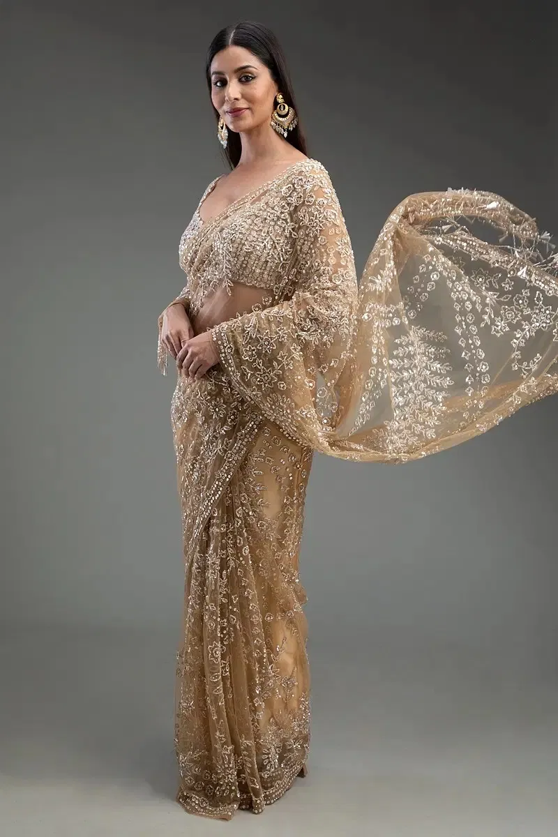 Gold Sequins Embroidered Net Saree (2-Piece) - Image 3