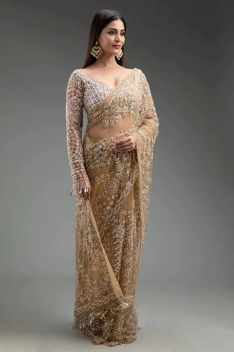 Gold Sequins Embroidered Net Saree (2-Piece) - Image 4