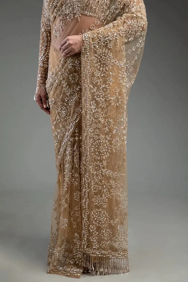 Gold Sequins Embroidered Net Saree (2-Piece) - Image 5