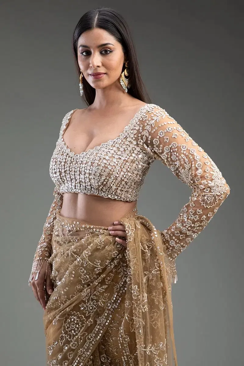 Gold Sequins Embroidered Net Saree (2-Piece) - Image 6