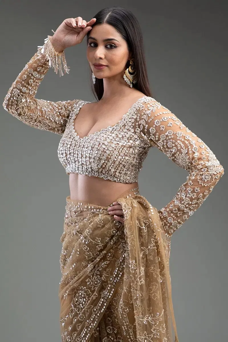 Gold Sequins Embroidered Net Saree (2-Piece) - Image 7