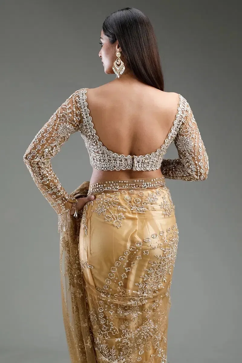 Gold Sequins Embroidered Net Saree (2-Piece) - Image 8