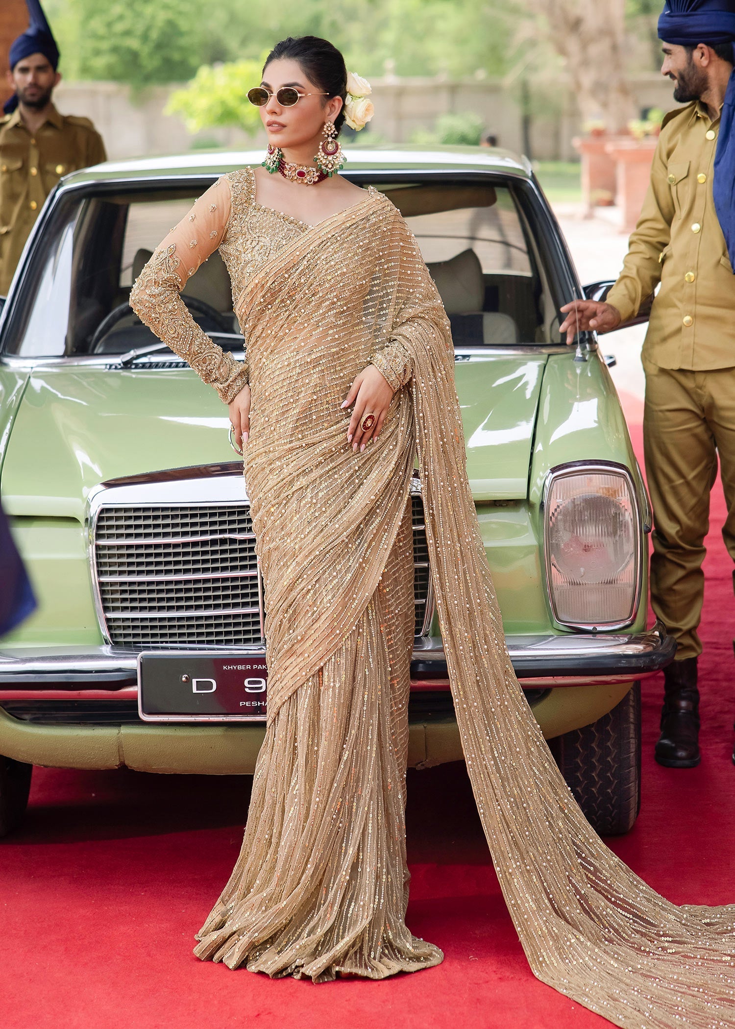 Indian Gold Pearl & Sequin Net Saree (2-Piece) - Image 4