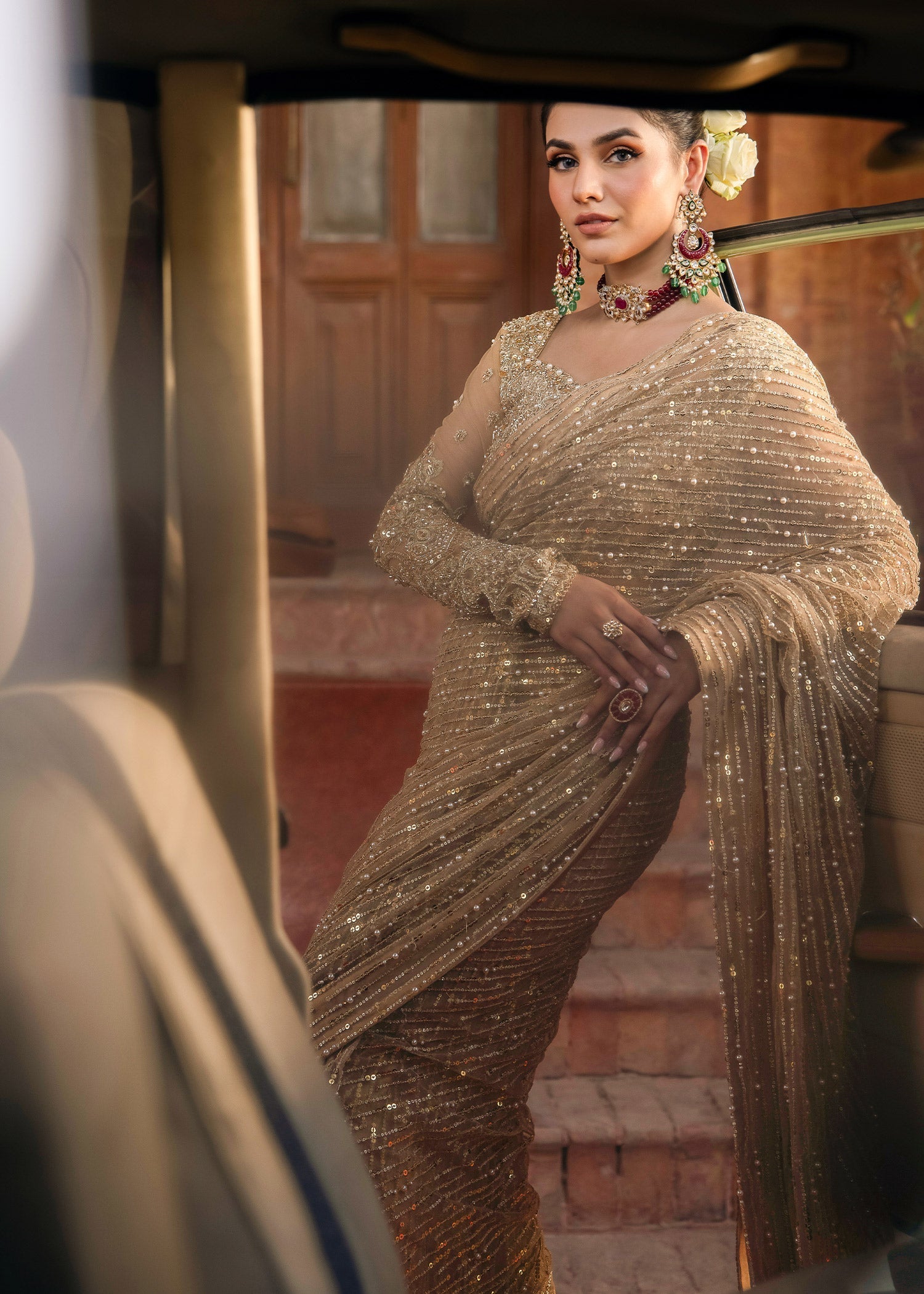 Indian Gold Pearl & Sequin Net Saree (2-Piece) - Image 6