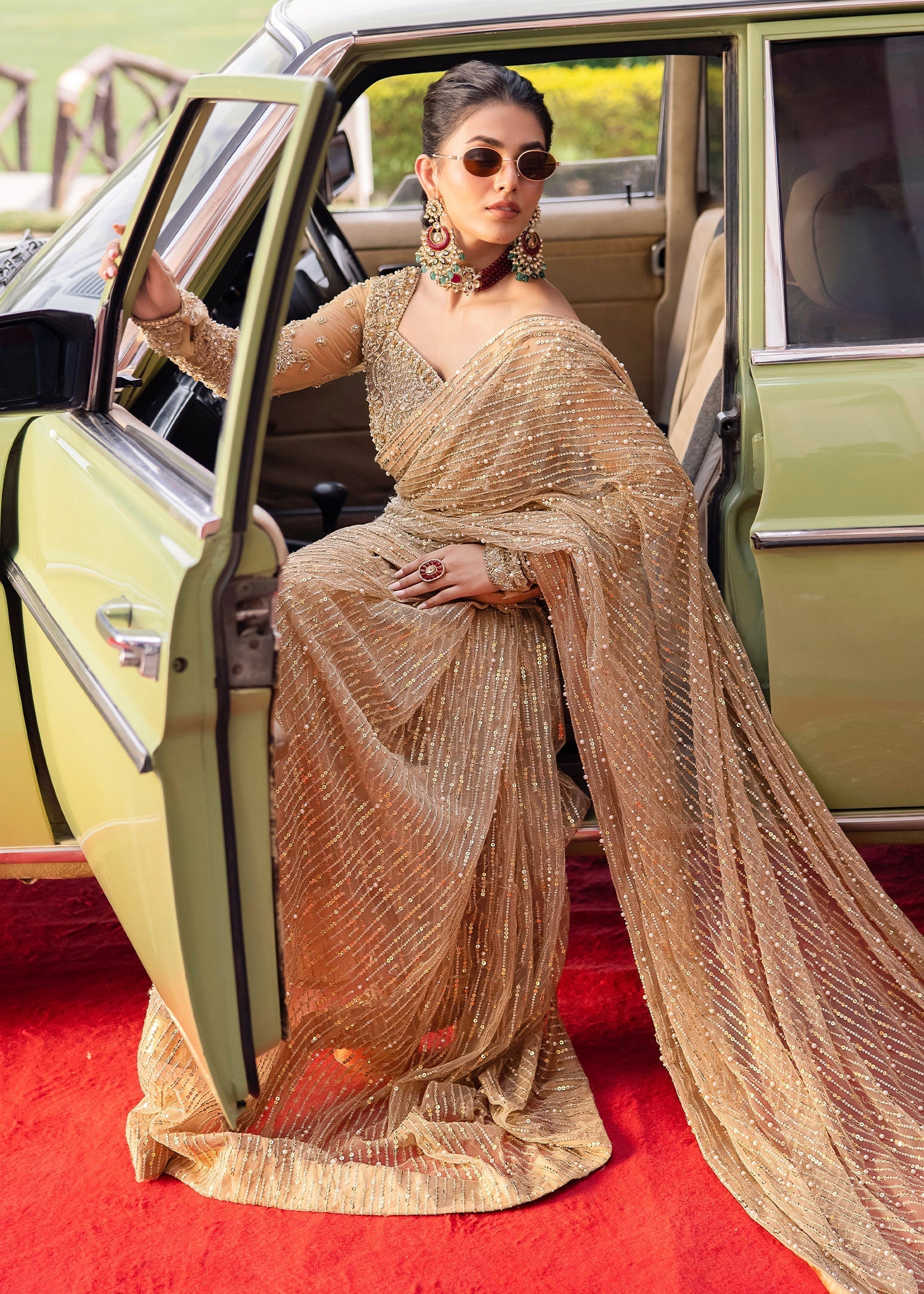 Indian Gold Pearl & Sequin Net Saree (2-Piece) - Image 8