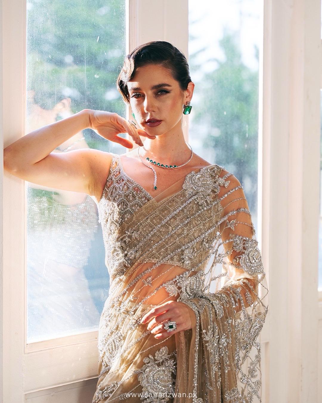 Pakistani Champagne Hand-Embellished Net Saree (2-Piece) - Image 2