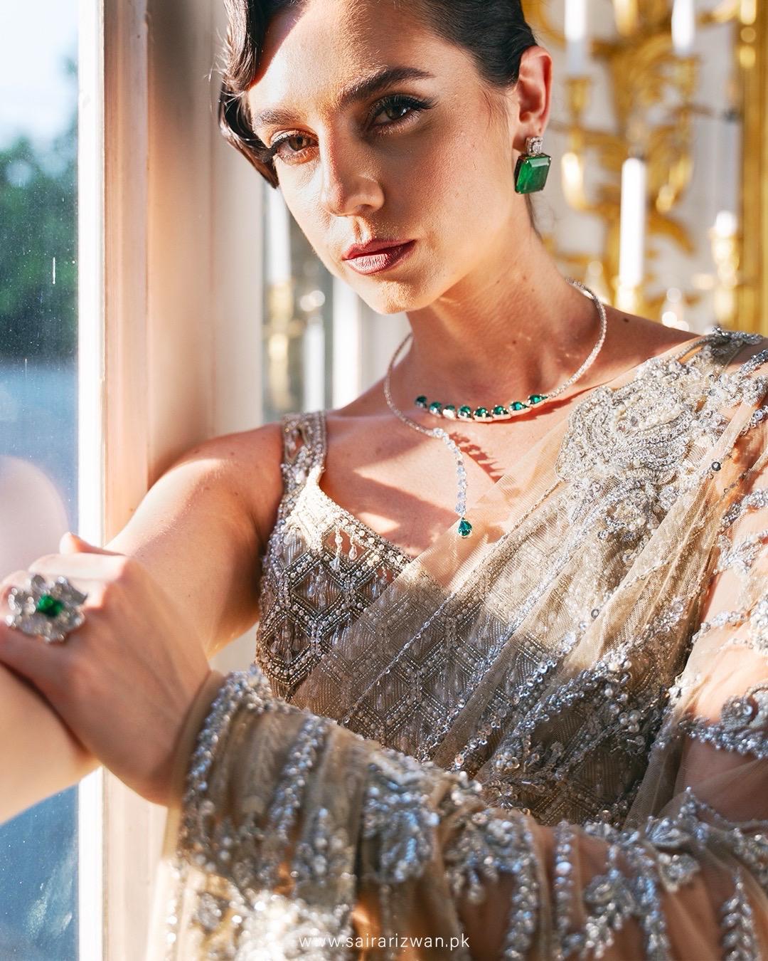 Pakistani Champagne Hand-Embellished Net Saree (2-Piece) - Image 3