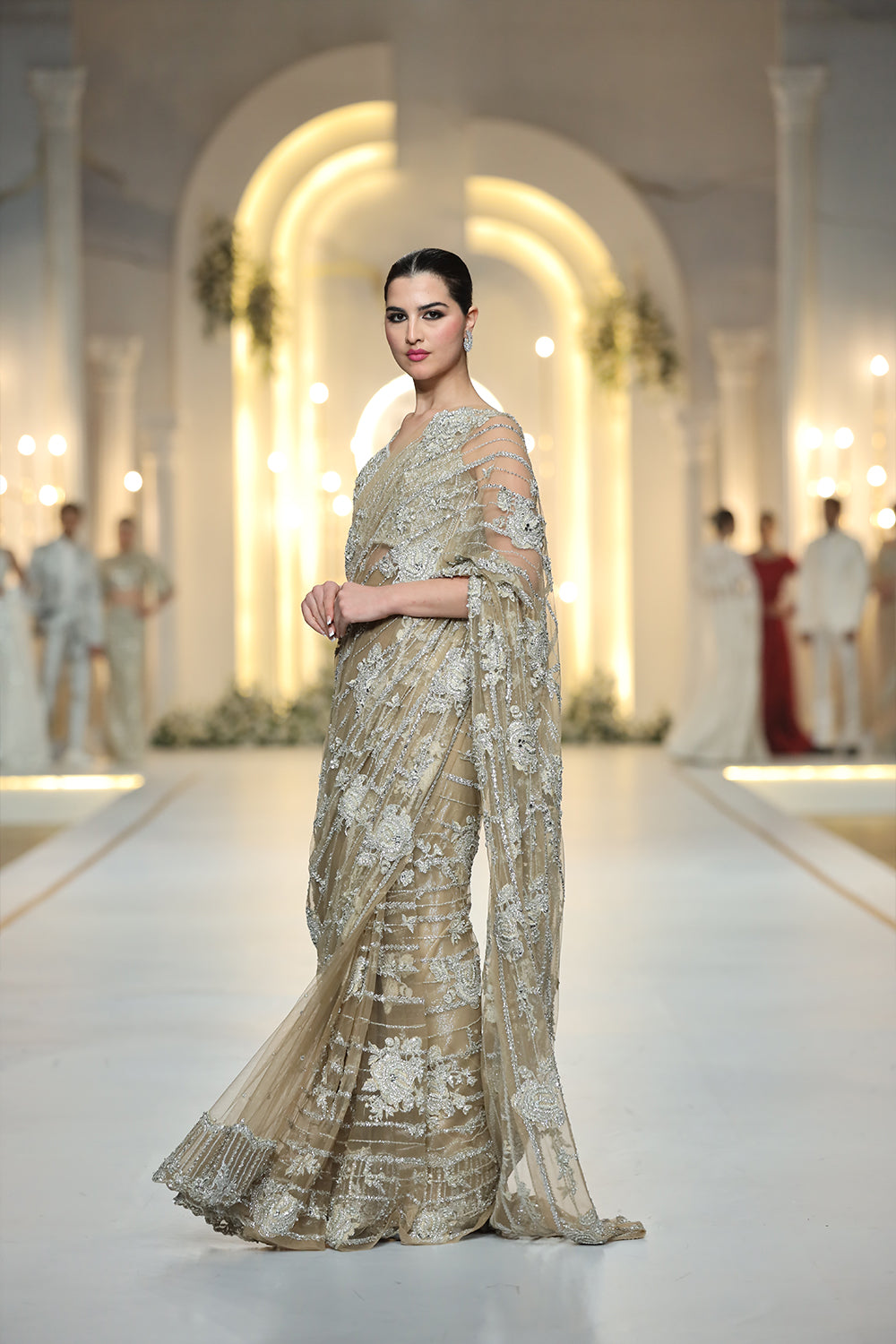 Pakistani Champagne Hand-Embellished Net Saree (2-Piece) - Image 7