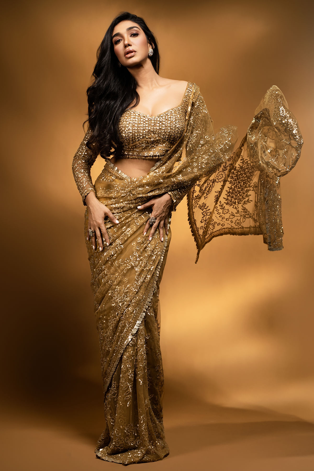 Antique Gold Sequined Net Saree (2-Piece) - Image 1