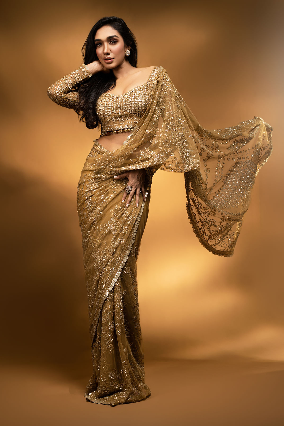 Antique Gold Sequined Net Saree (2-Piece) - Image 3