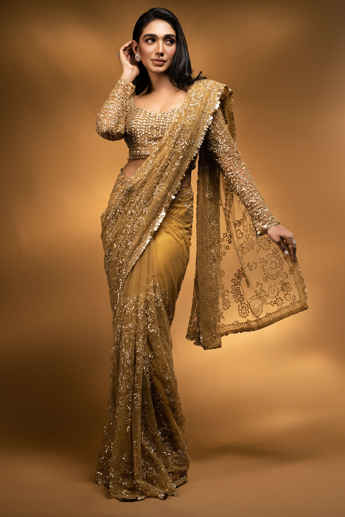 Antique Gold Sequined Net Saree (2-Piece) - Image 4