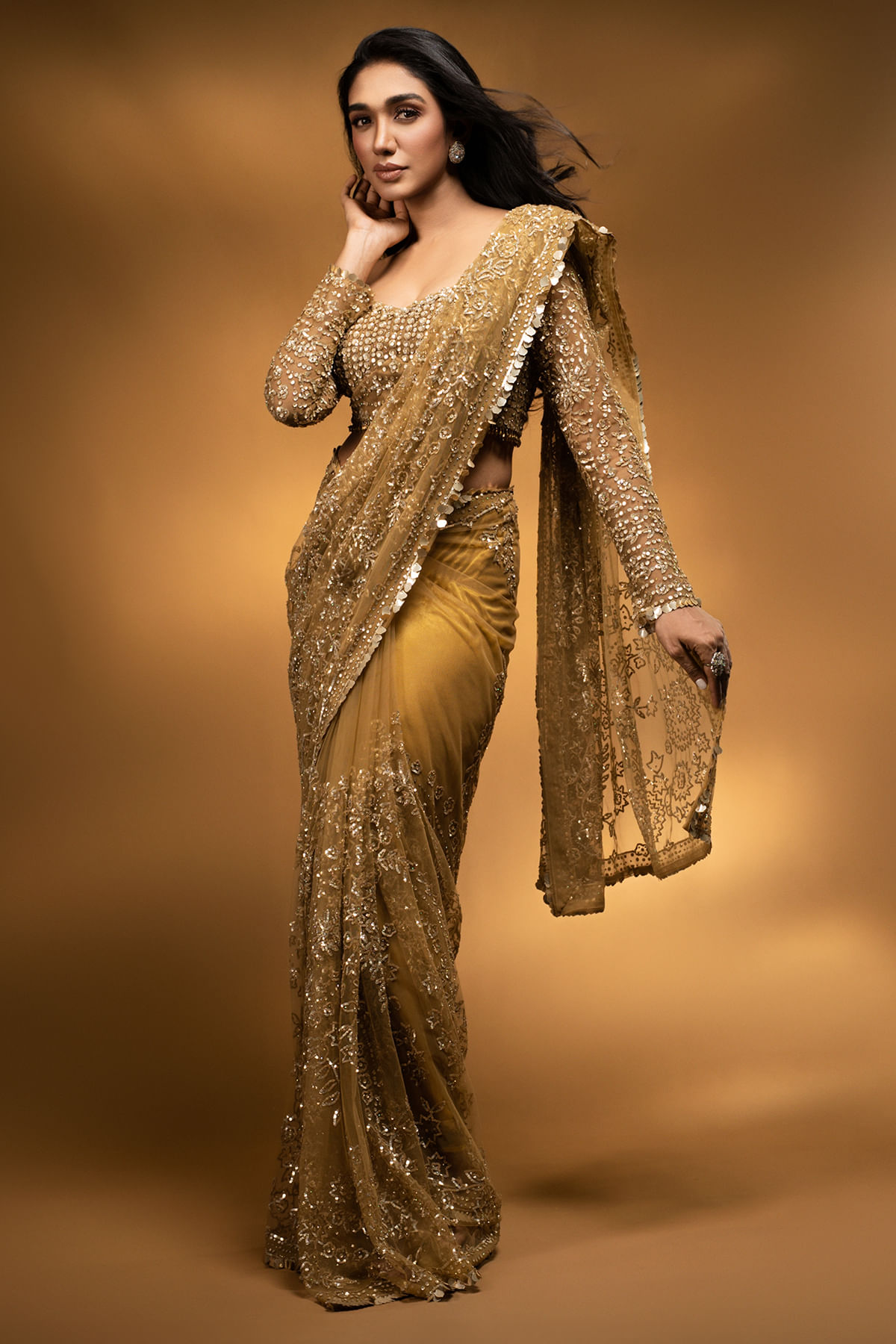 Antique Gold Sequined Net Saree (2-Piece) - Image 5