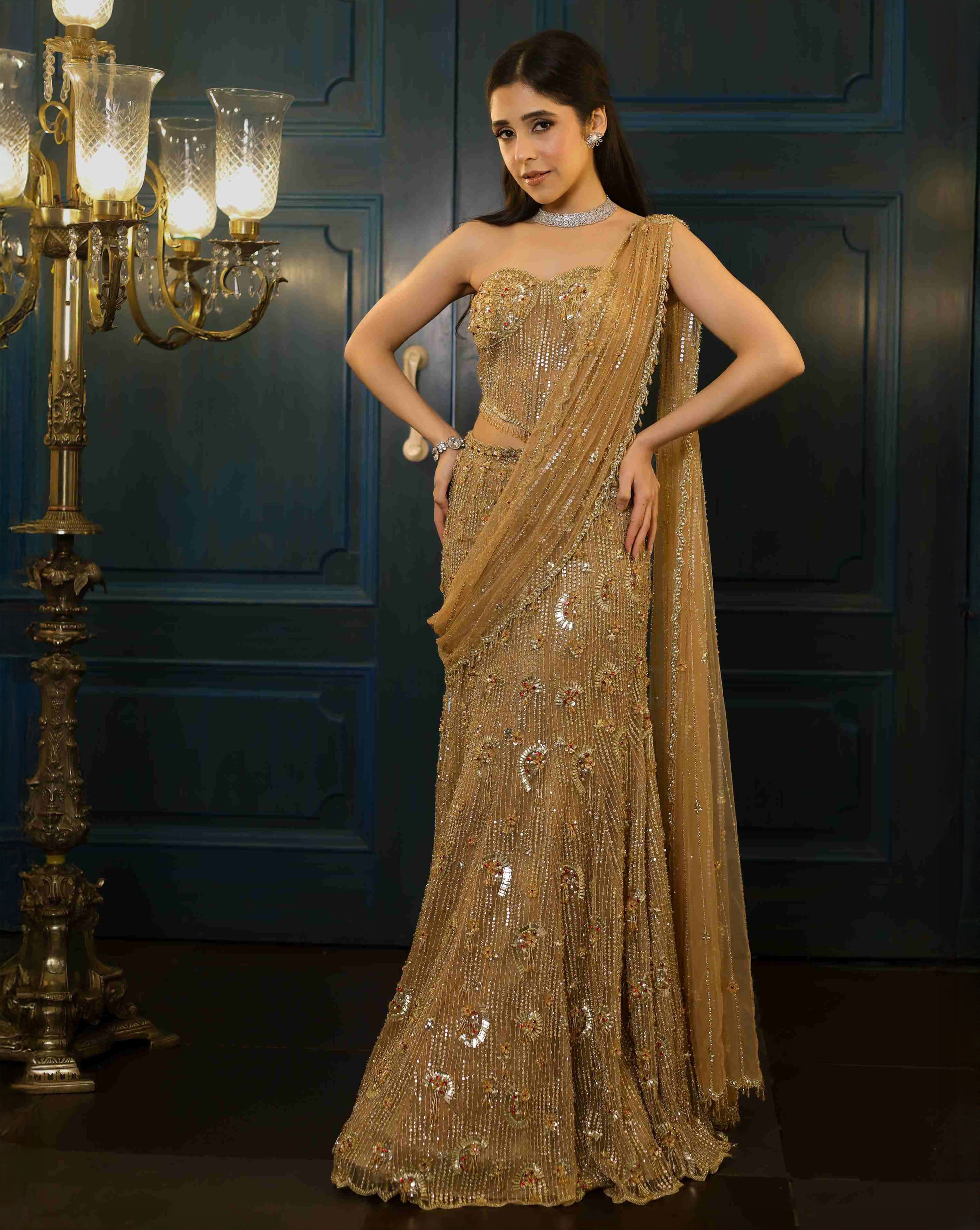 Indian Gold Embellished Net Silk-Blend Lehenga Saree (2-Piece) - Image 1