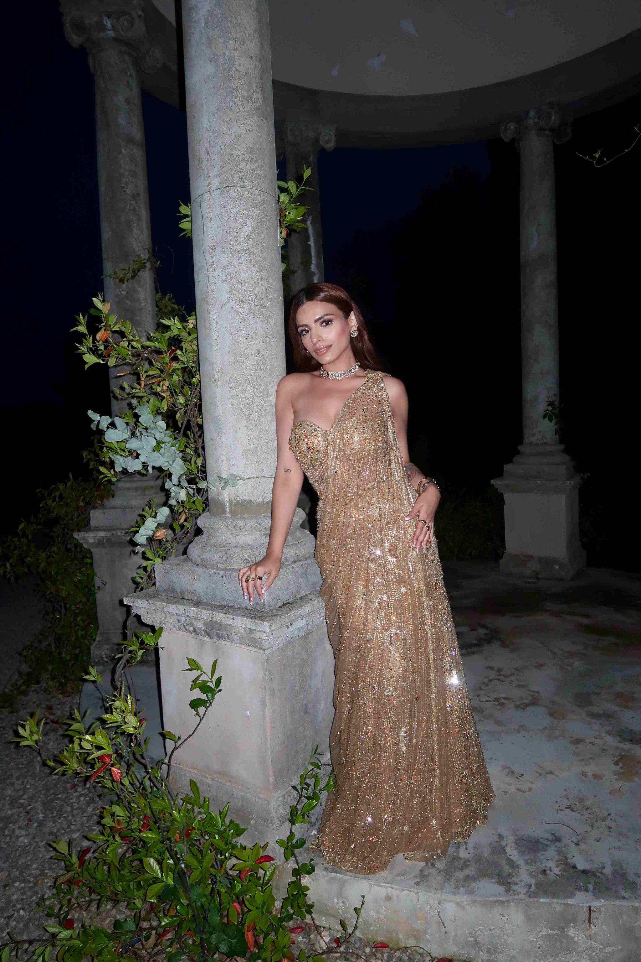 Indian Gold Embellished Net Silk-Blend Lehenga Saree (2-Piece) - Image 5