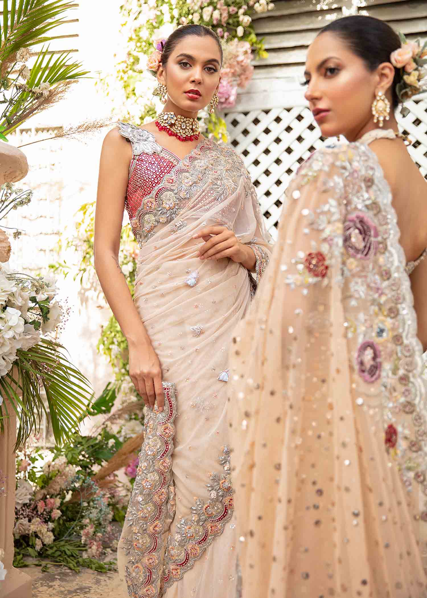 Champagne Embroidered Net Saree (2-Piece) - Image 5