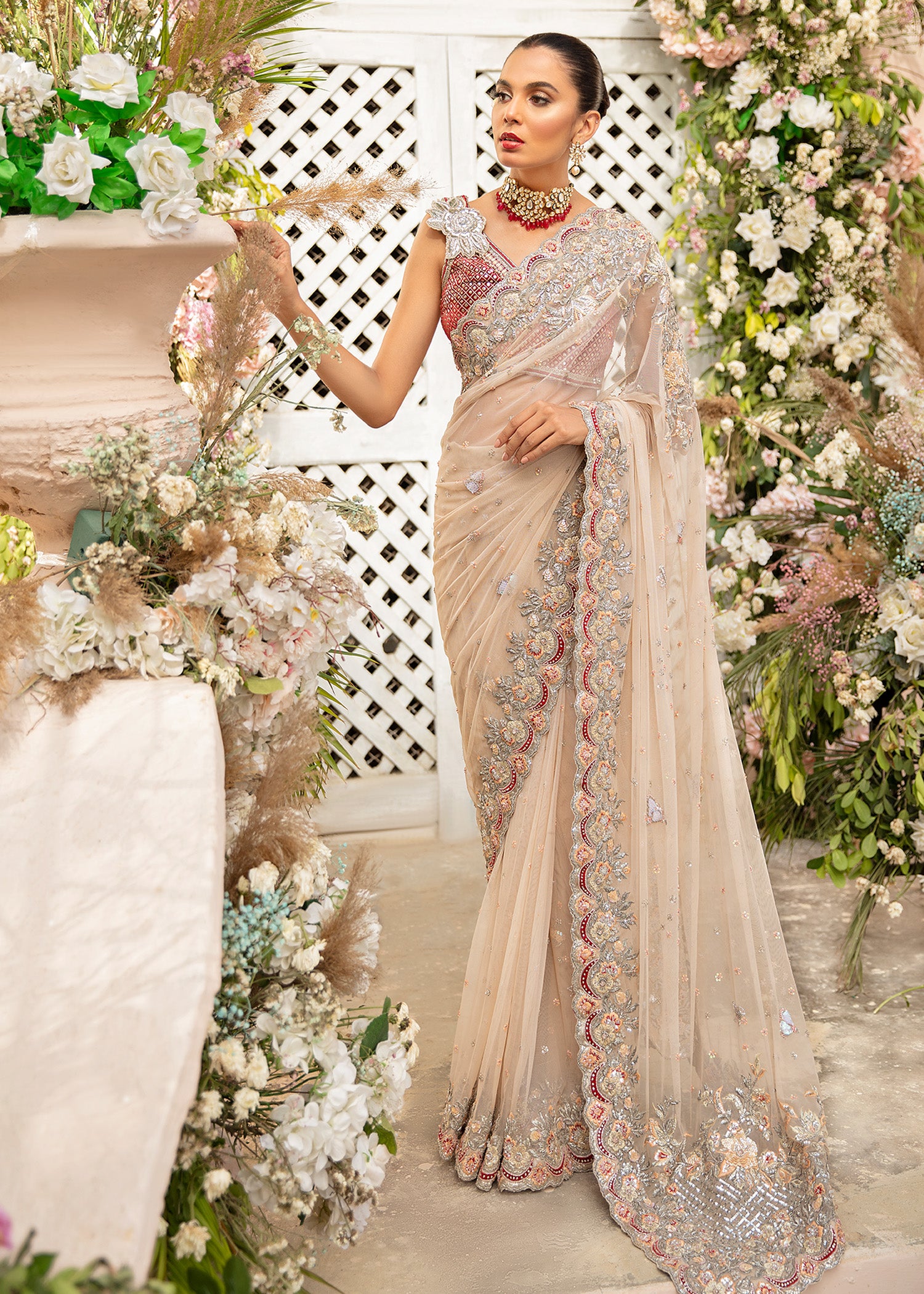 Pakistani Champagne Embroidered Net Saree (2-Piece) - Image 1