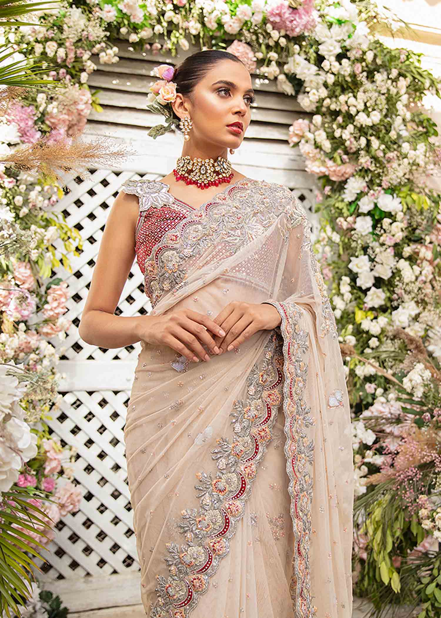 Pakistani Champagne Embroidered Net Saree (2-Piece) - Image 2