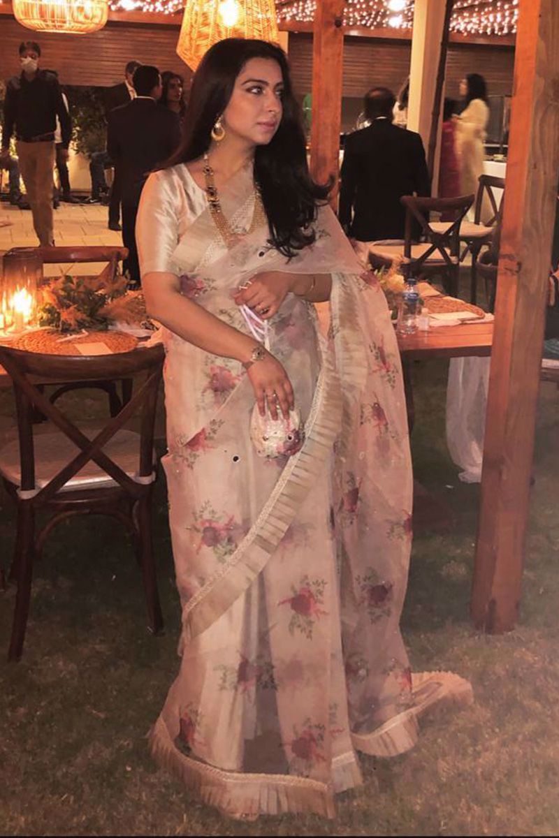 Champagne Floral Organza Saree (2-Piece) - Image 1