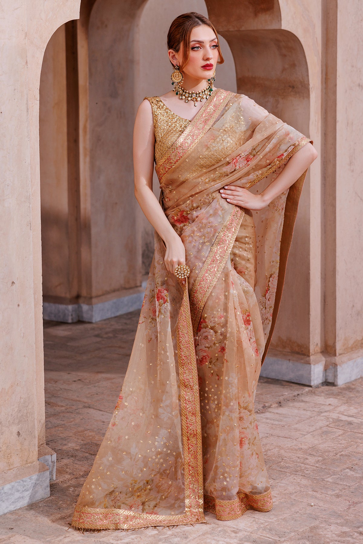 Pakistani Gold Embroidered Organza & Charmeuse Silk Saree (3-Piece) - Image 1