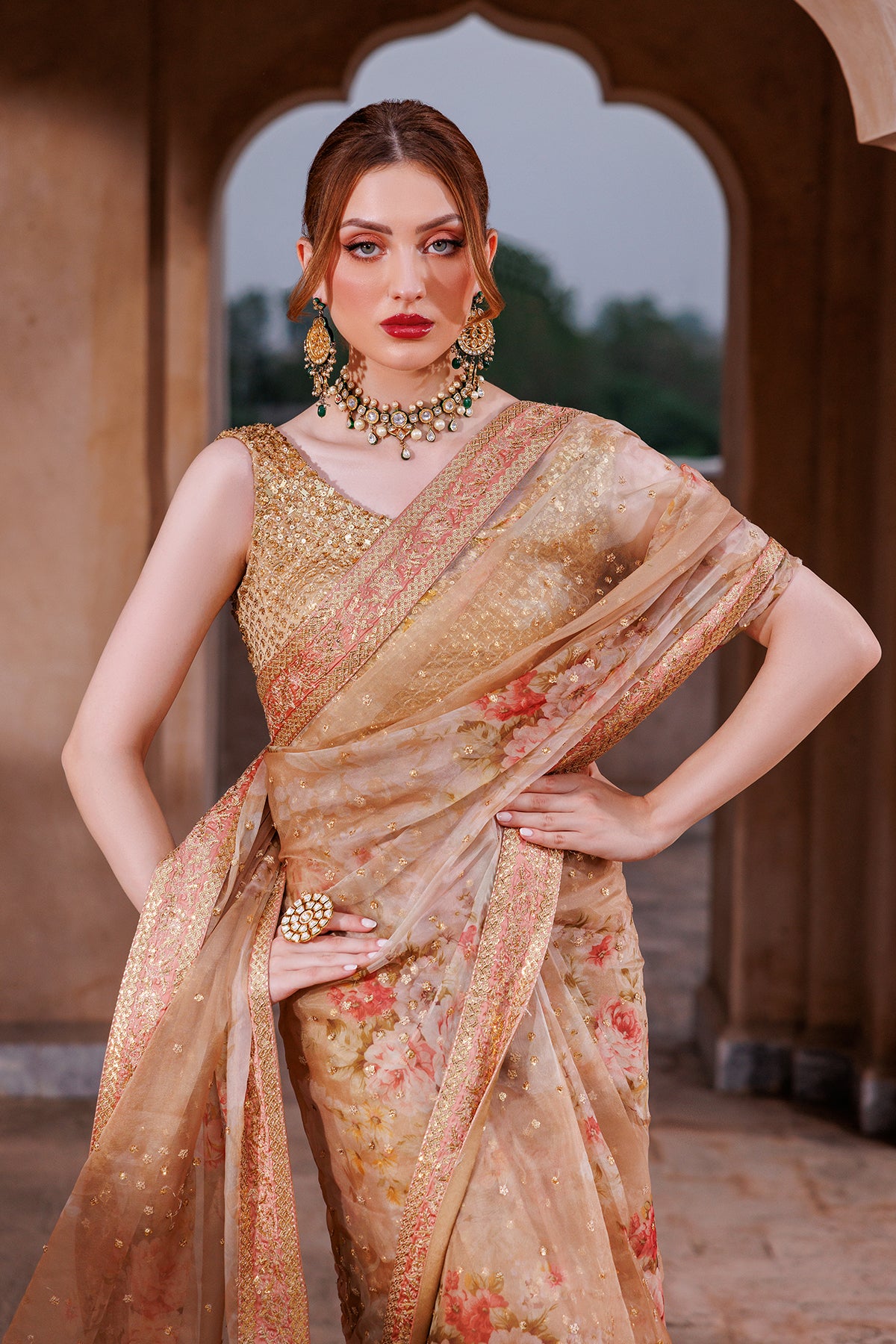 Pakistani Gold Embroidered Organza & Charmeuse Silk Saree (3-Piece) - Image 2