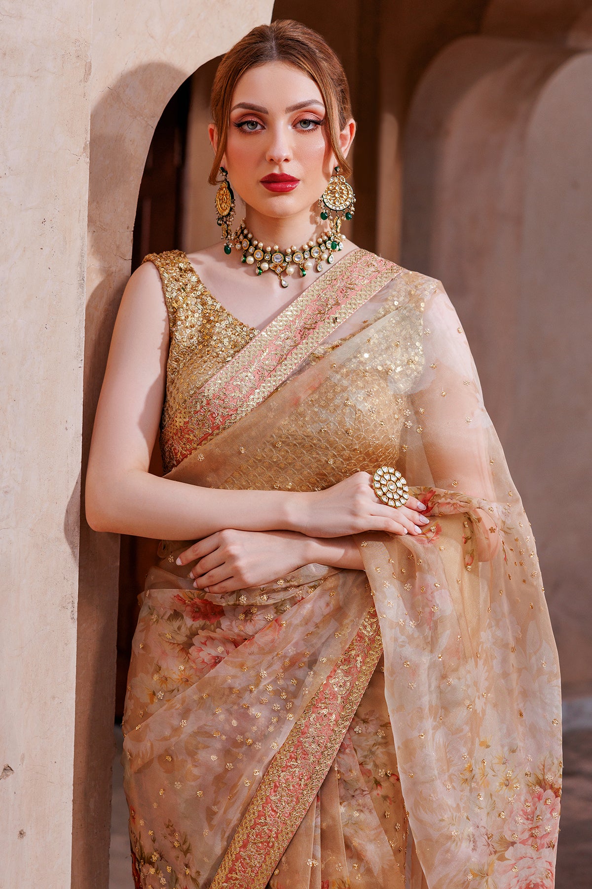 Pakistani Gold Embroidered Organza & Charmeuse Silk Saree (3-Piece) - Image 4