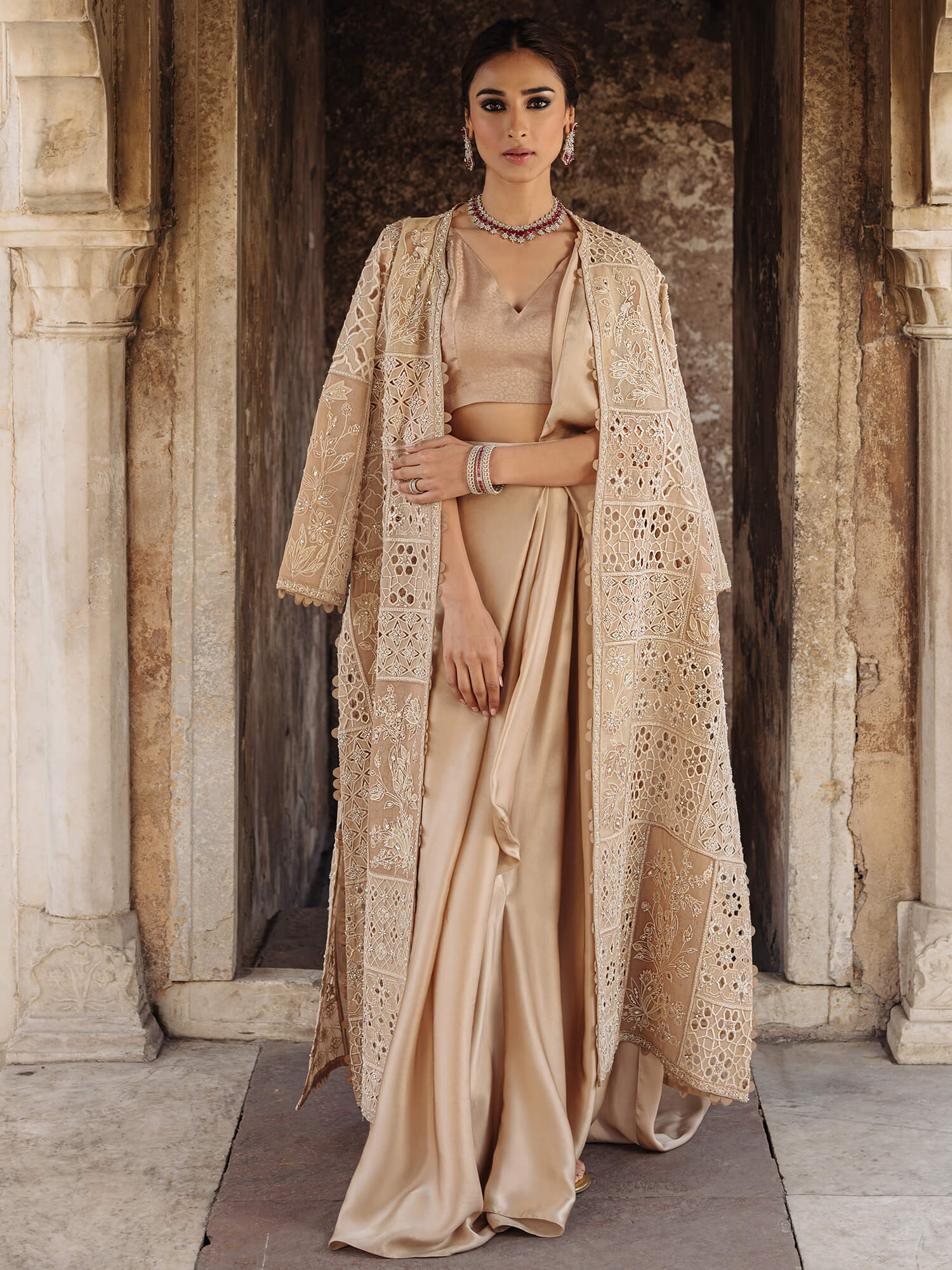 Champagne Zardozi Organza Coat Saree (3-Piece) - Image 3