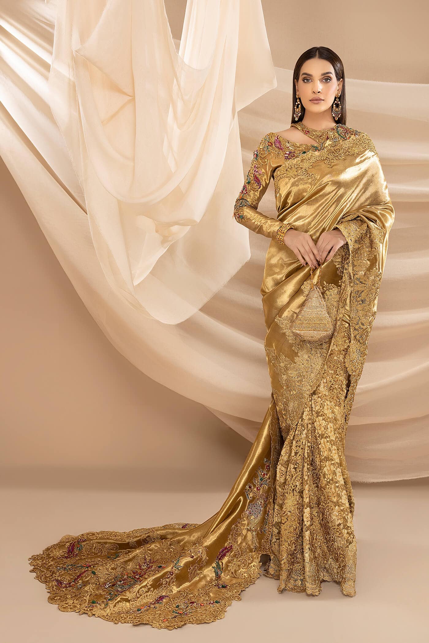 Golden Swarovski Pure Tissue Saree (3-Piece) - Image 1