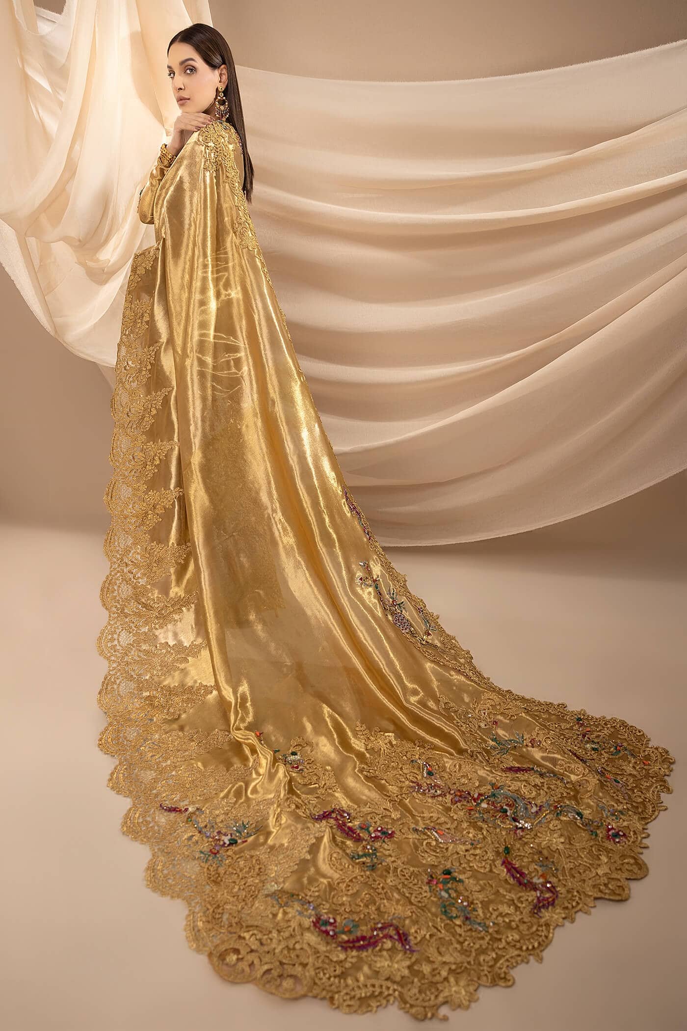 Golden Swarovski Pure Tissue Saree (3-Piece) - Image 2