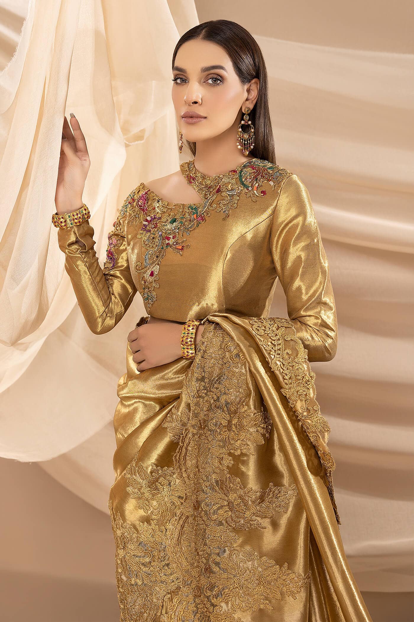 Golden Swarovski Pure Tissue Saree (3-Piece) - Image 3