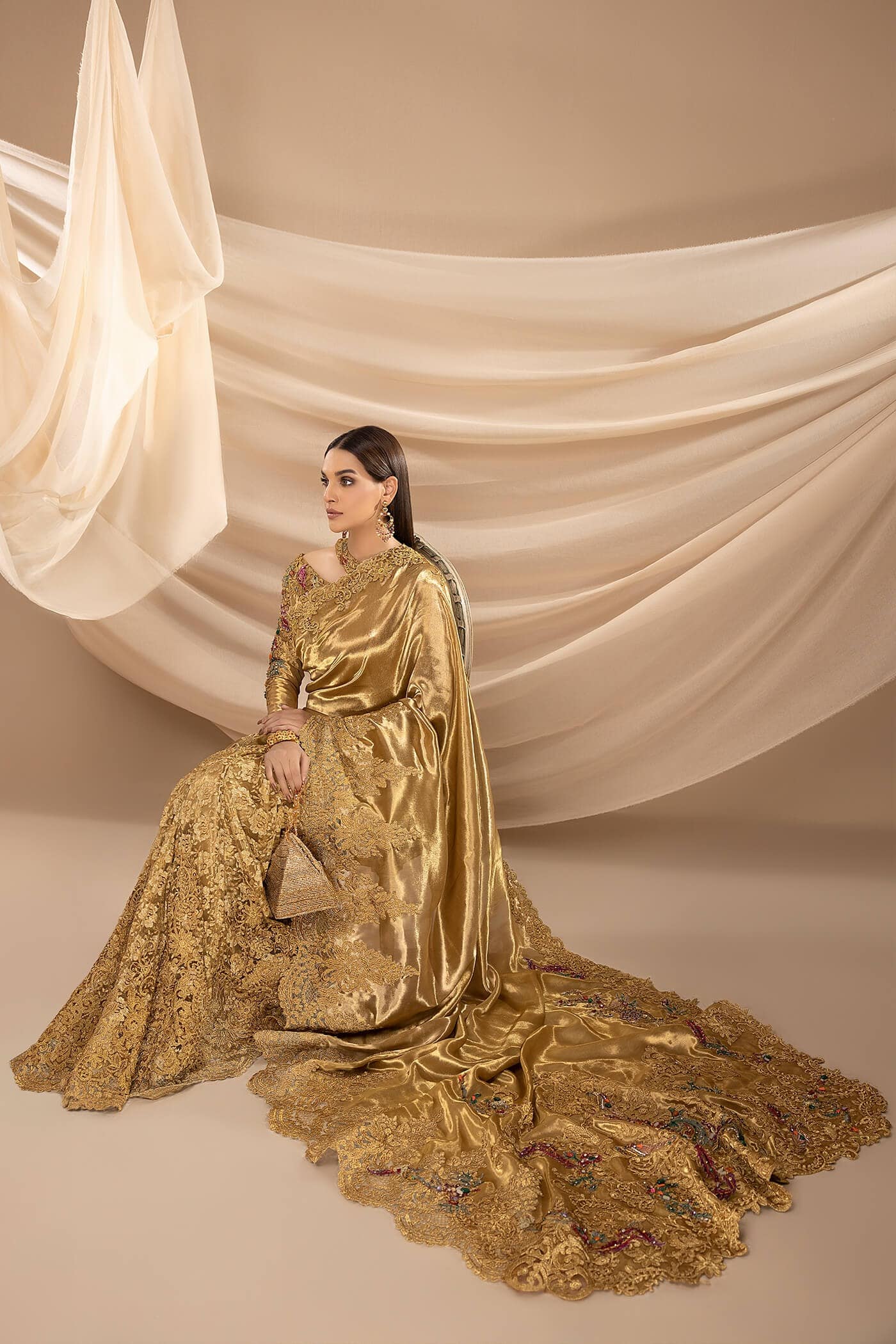 Golden Swarovski Pure Tissue Saree (3-Piece) - Image 4
