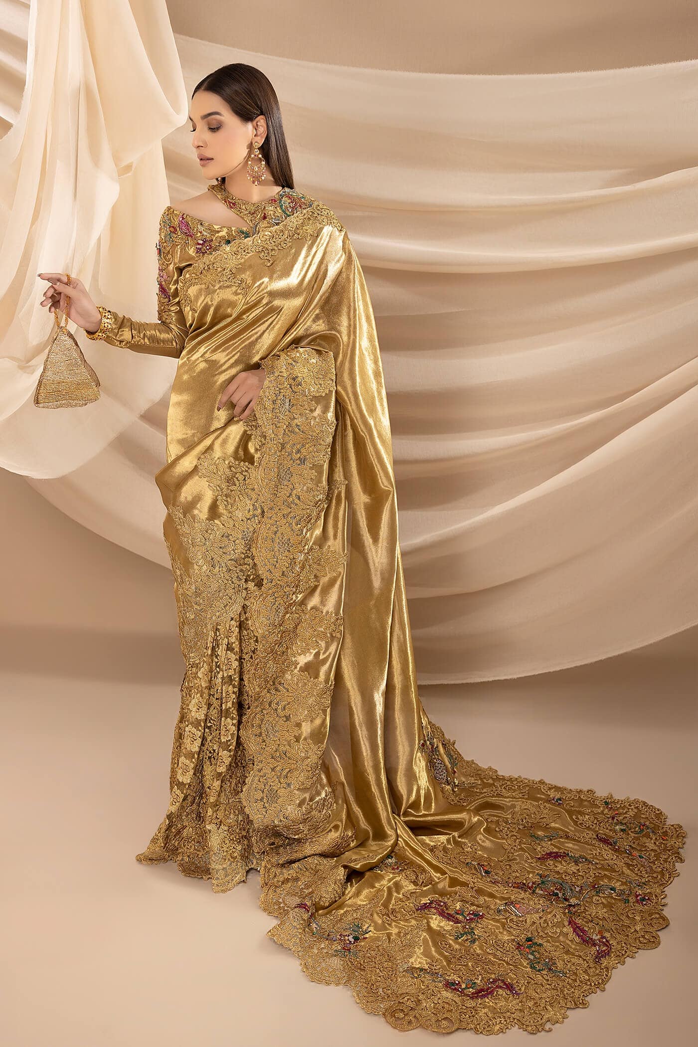 Golden Swarovski Pure Tissue Saree (3-Piece) - Image 5