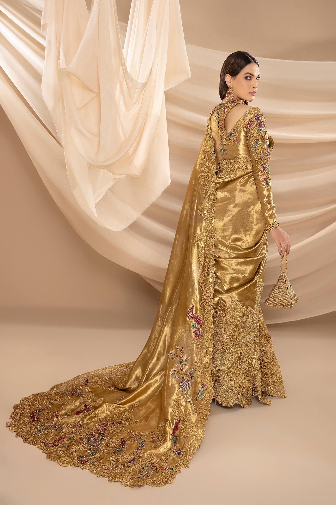 Golden Swarovski Pure Tissue Saree (3-Piece) - Image 6
