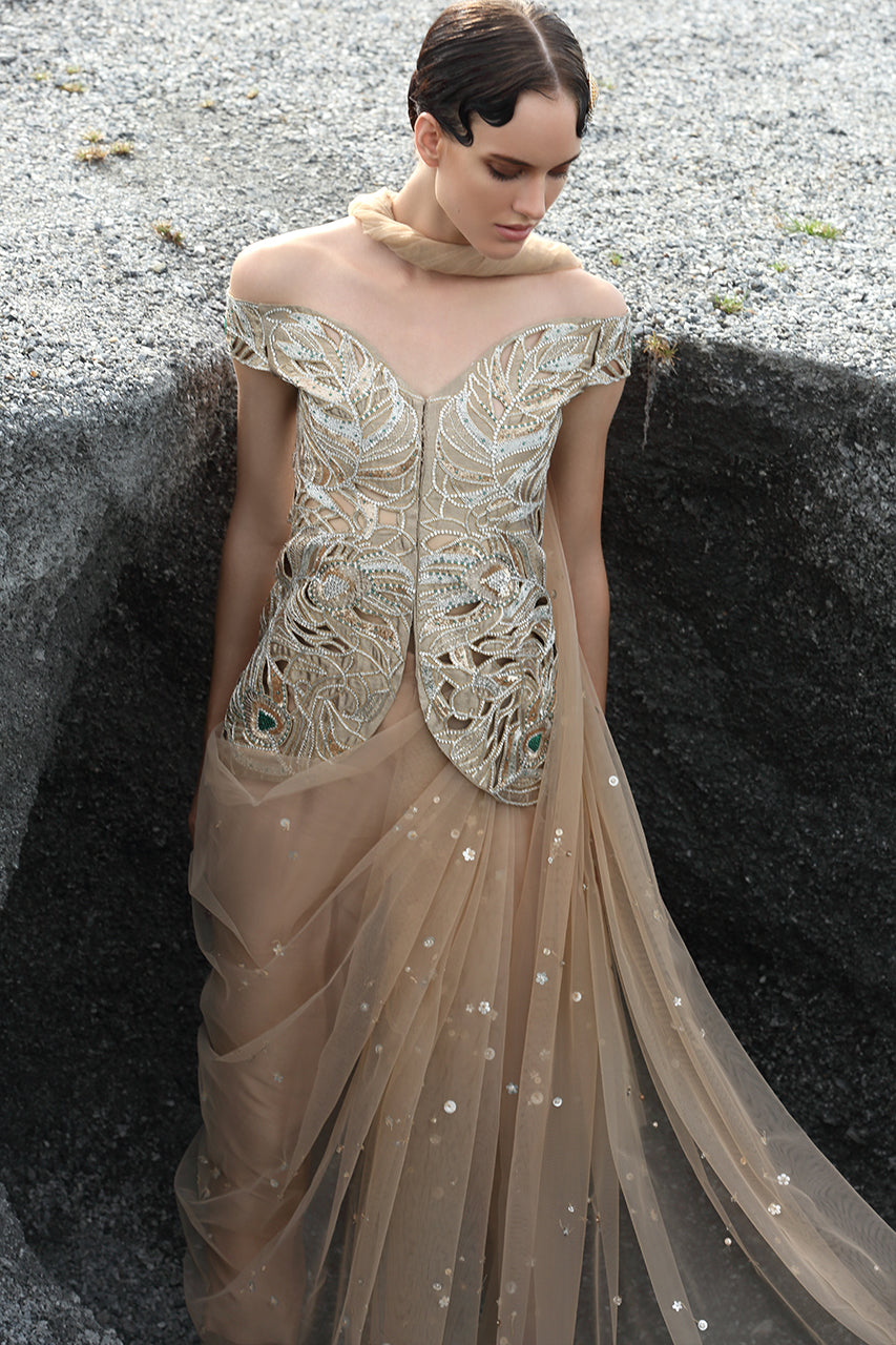 Butterscotch Embellished Raw Silk Saree (3-Piece) - Image 3