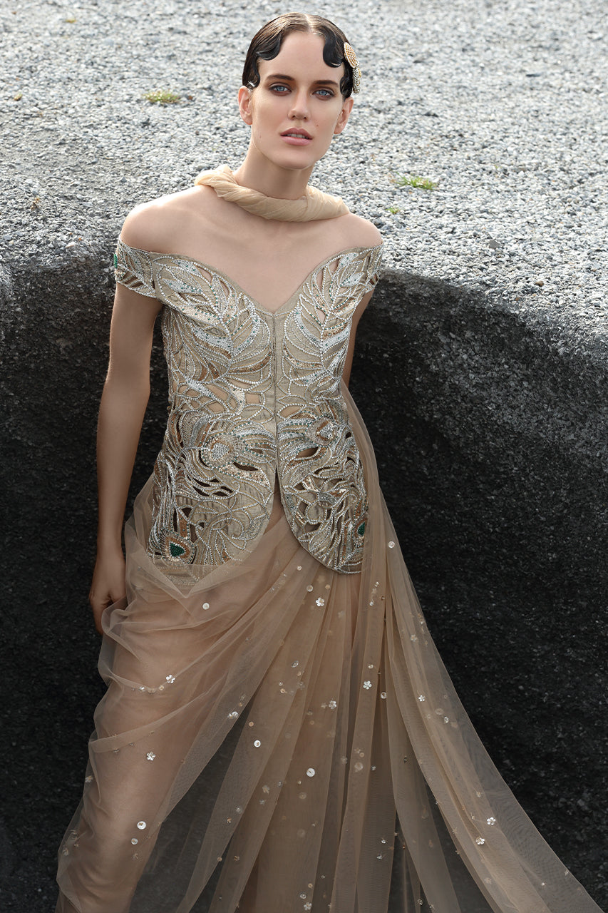 Butterscotch Embellished Raw Silk Saree (3-Piece) - Image 5