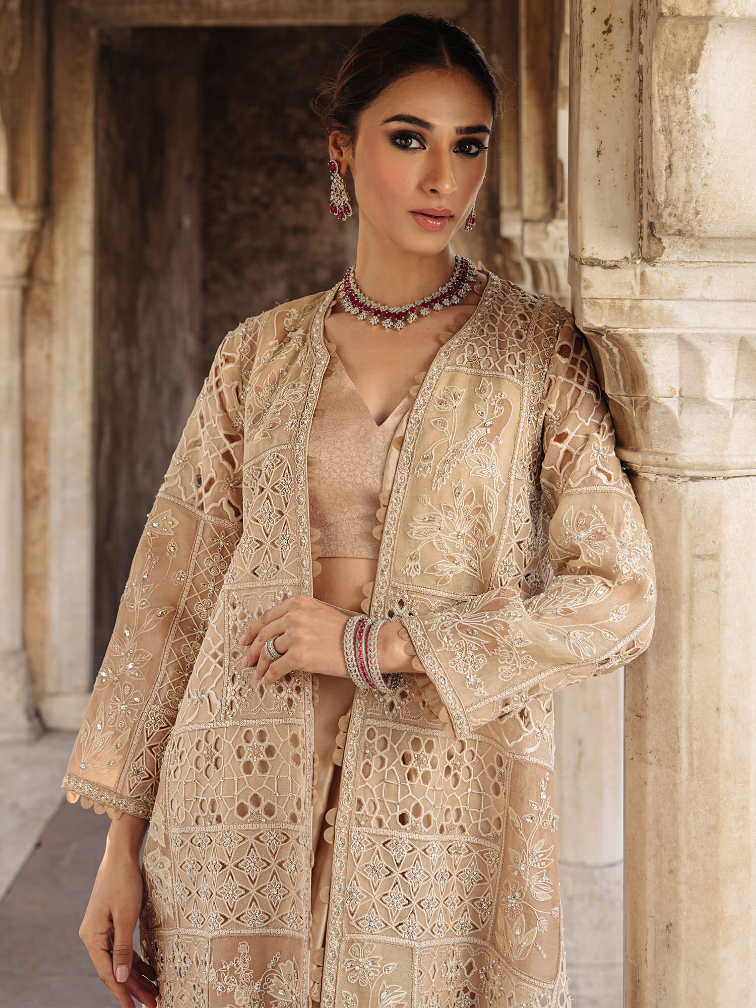 Champagne Zardozi Organza Saree Set (3-Piece) - Image 2