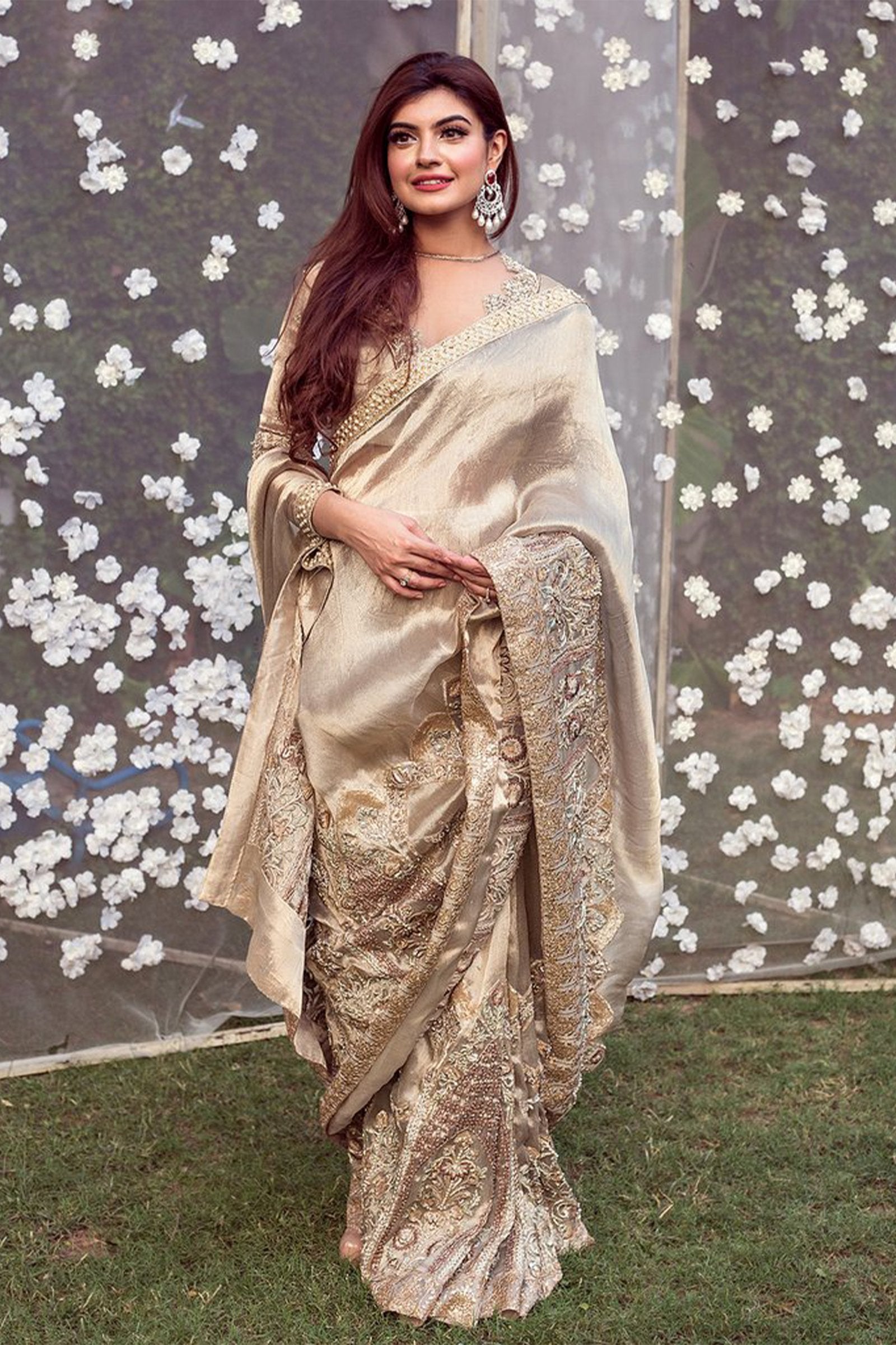 Champagne Gold Embroidered Silk Saree (2-Piece) - Image 1