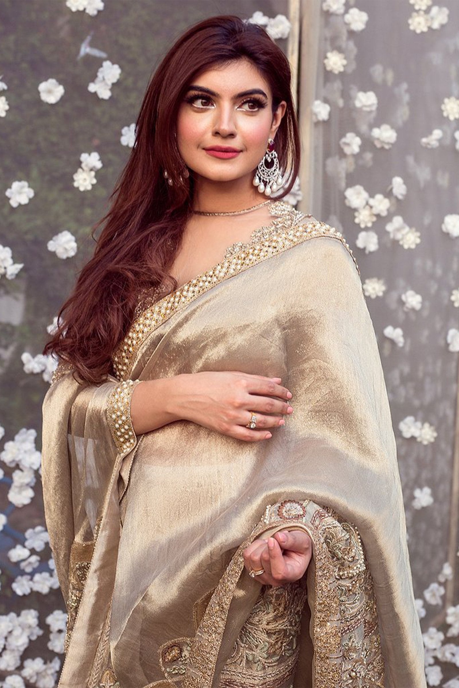 Champagne Gold Embroidered Silk Saree (2-Piece) - Image 2