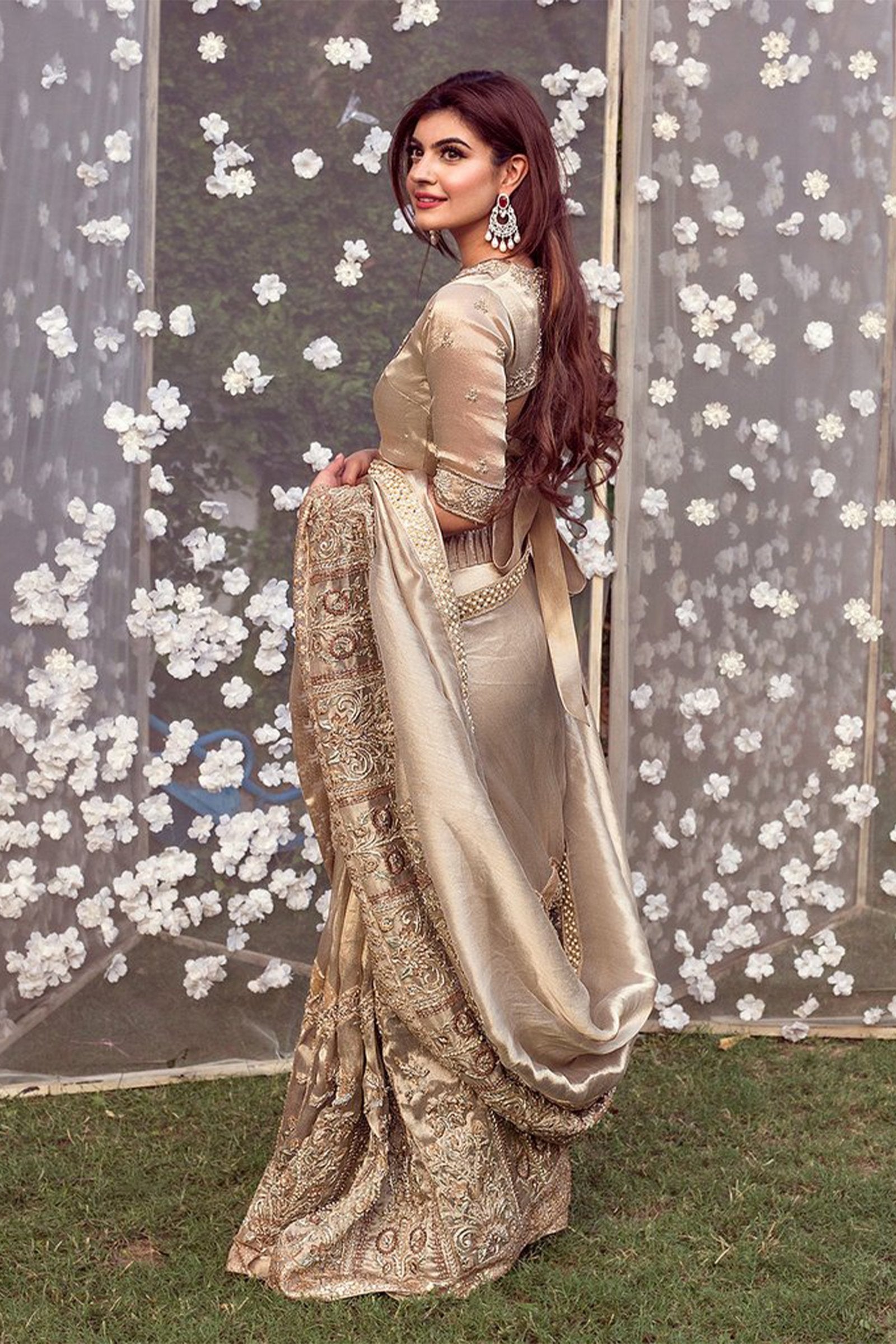 Champagne Gold Embroidered Silk Saree (2-Piece) - Image 3