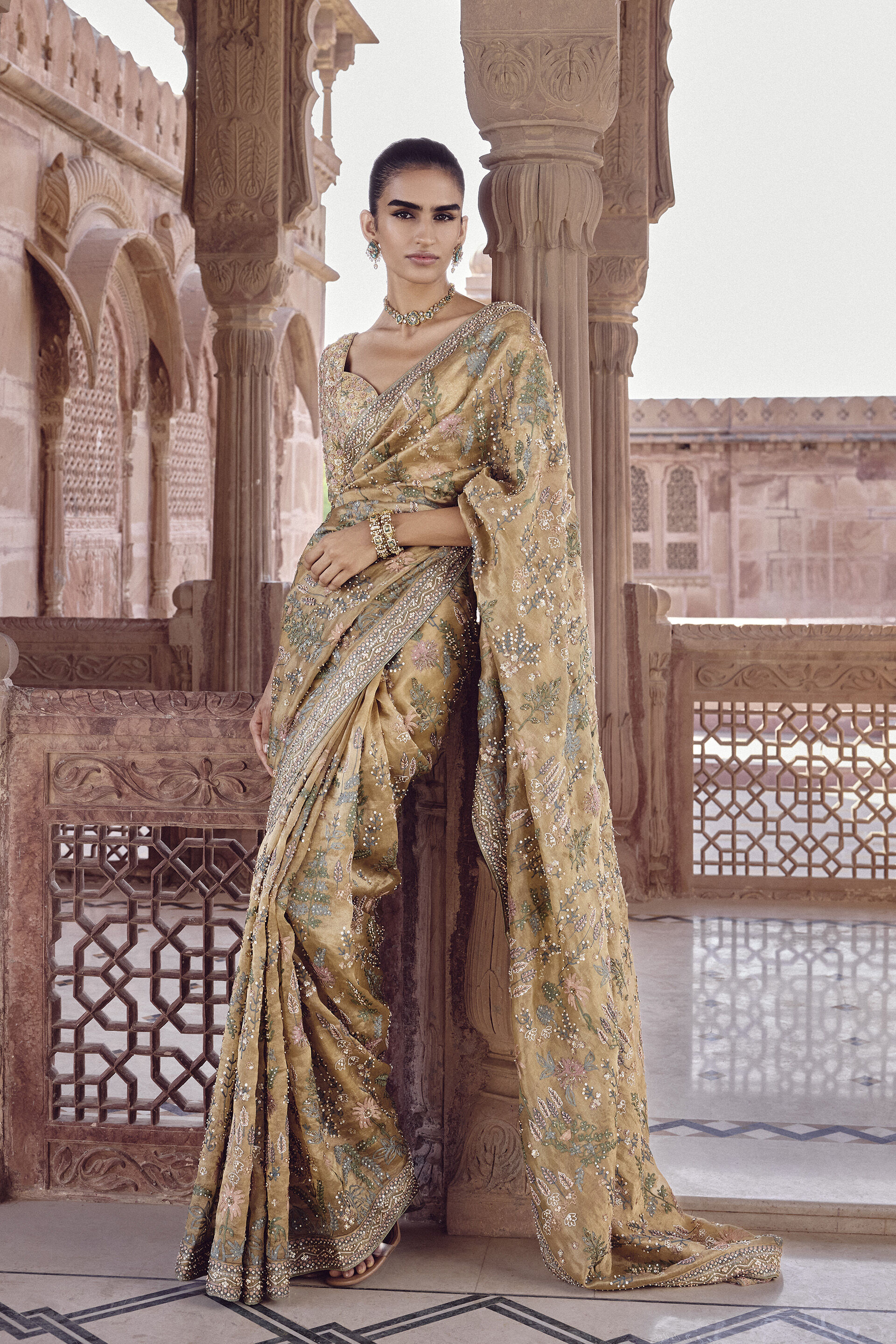 Gold Zardozi Embroidered Silk Saree (2-Piece) - Image 1